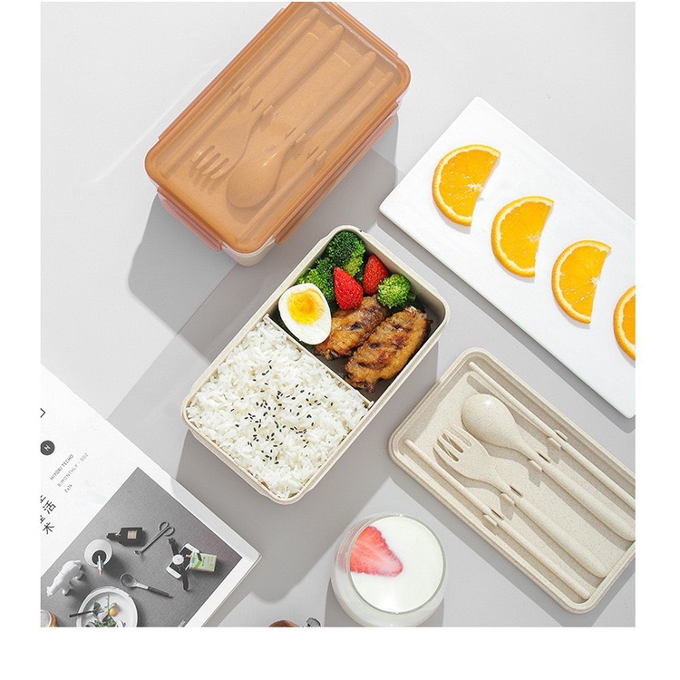 Hộp Cơm Văn Phòng lúa mạch 2 ngăn giữ nhiệt kèm muỗng đũa nĩa cao cấp ChiChi BDM05