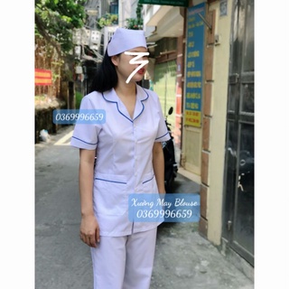 [Cao cấp] Bộ blouse trắng y tá nam nữ cộc tay có viền xanh cổ bo tròn đẹp (có lẻ quần/ áo)