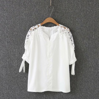 Áo sơ mi phối ren kiểu tay thặt nơ size ngoại cỡ cho người béo 62-85kg