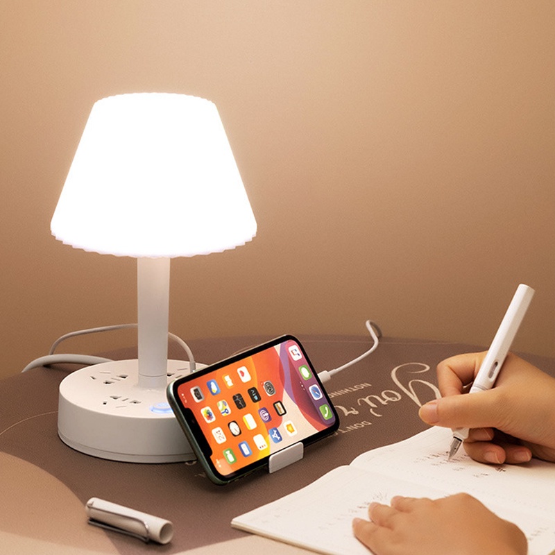 Đèn ngủ để bàn đa năng thông minh tích hợp ổ cắm USB, sạc nhanh, ánh sáng 3 màu có nút nguồn + công tắc đèn