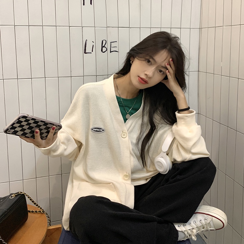 Happy-store ❤️ Áo khoác cardigan dệt kim tay dài dáng rộng phong cách Hàn Quốc cổ điển Happy_store8668