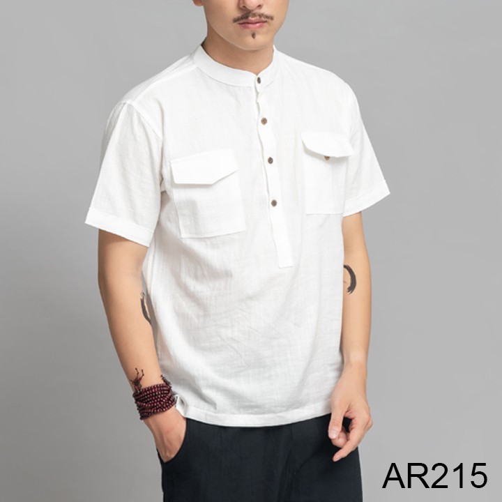 Áo đũi nam cộc tay cổ tàu 2 túi ngực thời trang, áo sơ mi nam vải đũi cộc tay chất | BigBuy360 - bigbuy360.vn