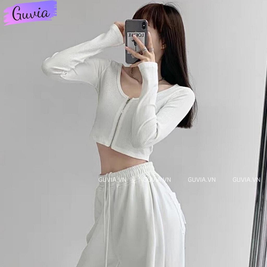 Áo Croptop Tay Dài Nữ DÂY KÉO NGỰC Thun Gân Tốt Ulzzang, Áo thun nữ dài tay chất vải tốt mặc đẹp GUVIA CR25