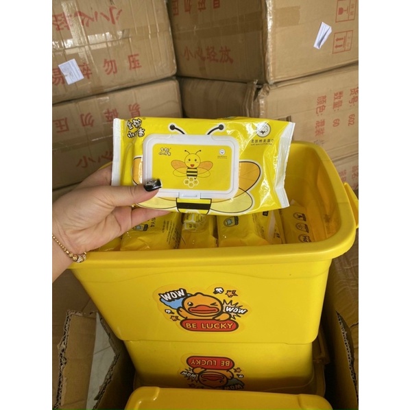 Sét 10 gói khăn ướt vịt vàng tặng kèm thùng nhựa