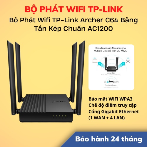 Bộ Phát Wifi TP-Link Archer C64 Băng Tần Kép Chuẩn AC1200 | Bảo Hành 24 Tháng | LSB Store