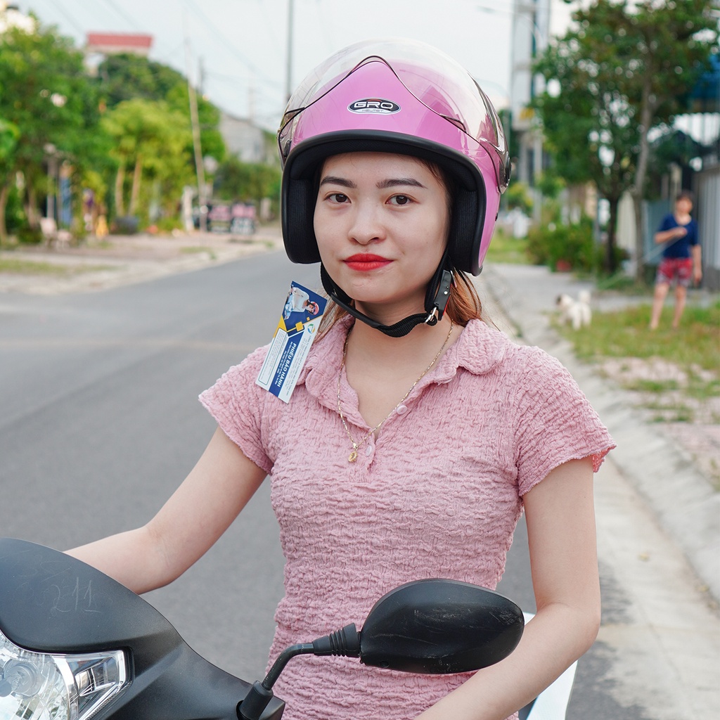 Mũ Bảo Hiểm 3/4 đầu GRO Helmet T818 có kính ngắn che nửa mặt, kiểu dáng thời trang cho nữ, khóa kim loại - Hồng Nhạt