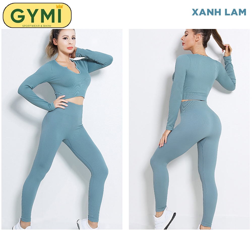 Set bộ đồ tập gym yoga nữ GYMI SET23 gồm áo croptop dài tay và quần legging thể thao chất dệt thun gân