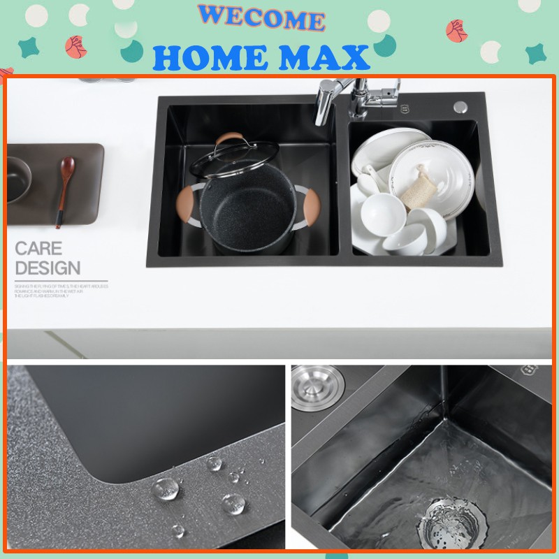 Chậu bồn rửa bát chén 2 hố inox 304 nano đen dày 3.3mm giật cấp hàng chính hãng bảo hành 24 tháng .