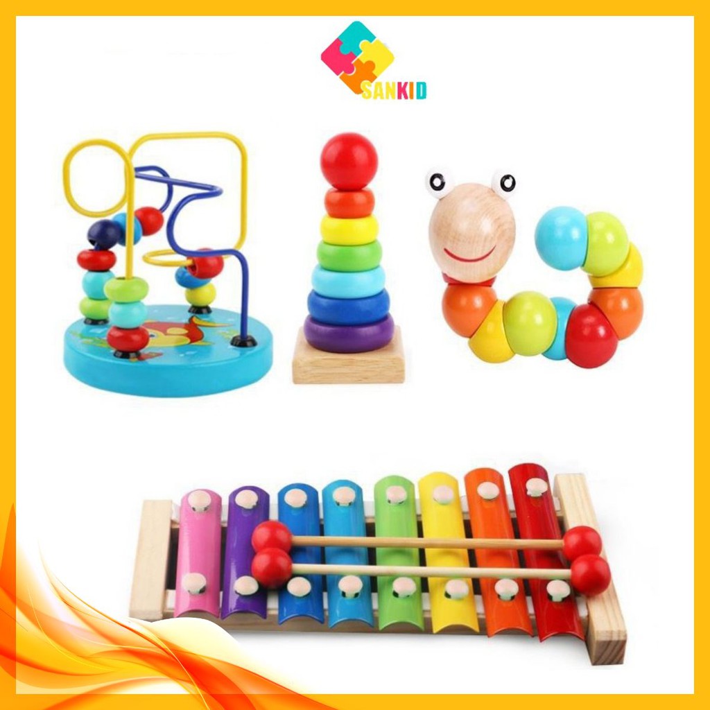 Combo đồ chơi gỗ- sâu- đàn-tháp-luồn hạt