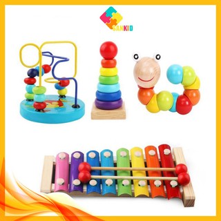 Combo đồ chơi gỗ- sâu- đàn-tháp-luồn hạt
