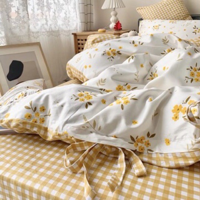 Cotton Living Hàn Quốc 4 Món Dây Nơ Hoa Nhí Vàng, Ga Gối Cotton Hàng Nhập Khẩu Nguyên Set, Vải Mềm Mịn