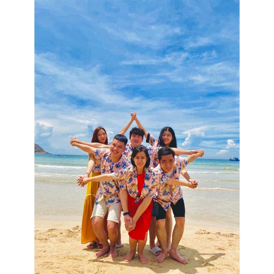 Áo sơ mi hawaii họa tiết cây dừa quả thơm thích hợp mặc đi biển theo nhóm, đồng phục đi biển, chất đũi vải mềm mát