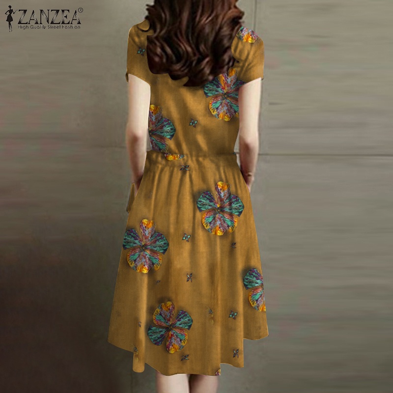 ZANZEA Đầm Midi Cổ Tròn In Họa Tiết Vintage Thời Trang Cho Nữ