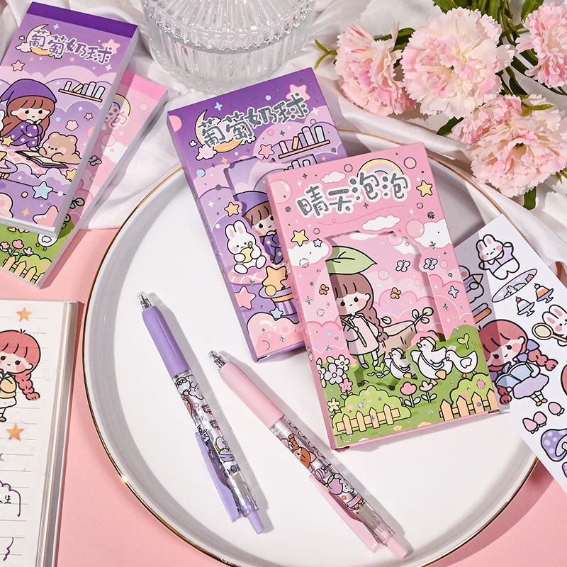 Sổ Sticker 50PCS   Sticker Trang Trí Sổ   Sitker Trang Trí Sổ Tay   Sitker Cute Hộp Sticker with bút dao rọc giấy