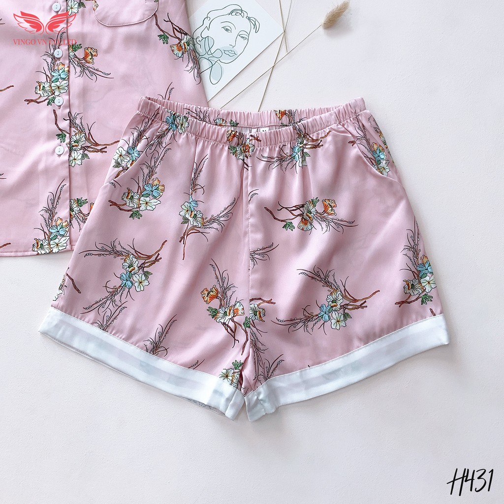 Bộ đồ nữ mặc nhà Pijama VINGO lụa Pháp mềm mát tay cộc quần cộc họa tiết cành hoa trẻ trung mùa hè H431 VNGO - TCQC