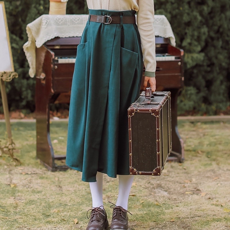 Chân váy nhung tăm dài lưng chun vạt lệch kèm đai Vintage - Lumii