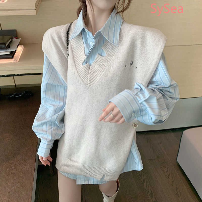 Set Áo Sơ Mi Dài Tay + Áo Khoác Len Không Tay Thời Trang Dành Cho Nữ | BigBuy360 - bigbuy360.vn