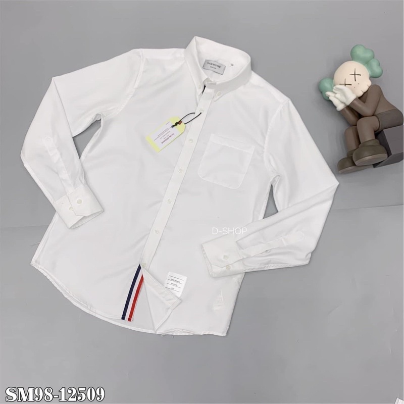 Áo sơ mi Thom trắng trơn dài tay thêu vạch dọc khuy chất cotton gai