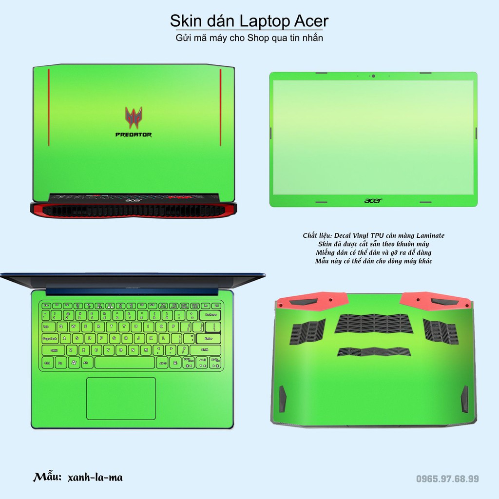 Skin dán Laptop Acer màu xanh lá mạ (inbox mã máy cho Shop)