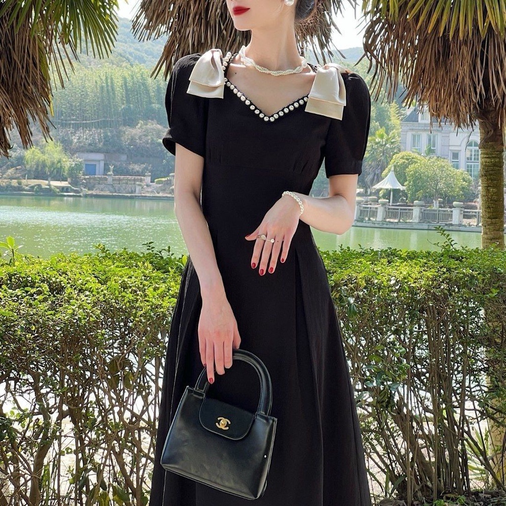 Đầm Đen Dáng Dài Thắt Nơ Phong Cách Pháp Cổ Điển Thời Trang Mùa Hè Xinh Xắn