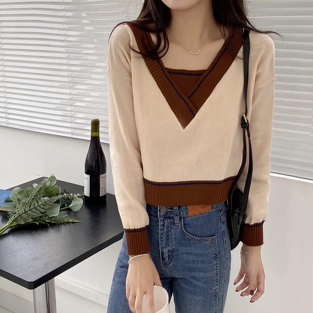 Áo len cổ chữ V form rộng theo phong cách retro Hàn Quốc