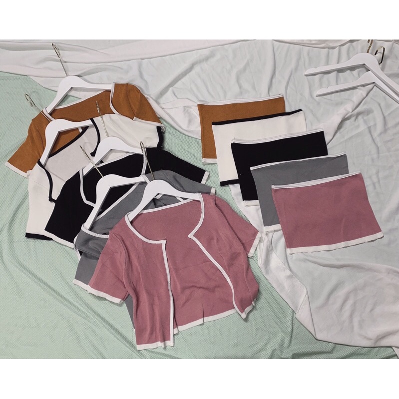 set áo len cộc tay phối viền nổi kèm áo quây ống sexy
