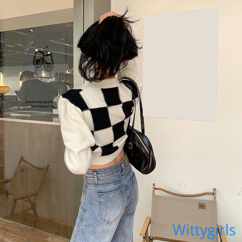 Wittygirls_shop| Áo Croptop tay dài hoạ tiết kẻ sọc màu sắc thiết kế cổ tròn thanh lịch