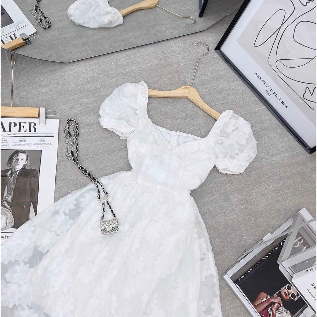 Đầm Trắng Cúp Ngực 💖DEMISS💖 Váy Cúp Ngực  Hoa Nổi Bèo Tay Phồng Dáng Dài Sang Chảnh - V-Trắng-58