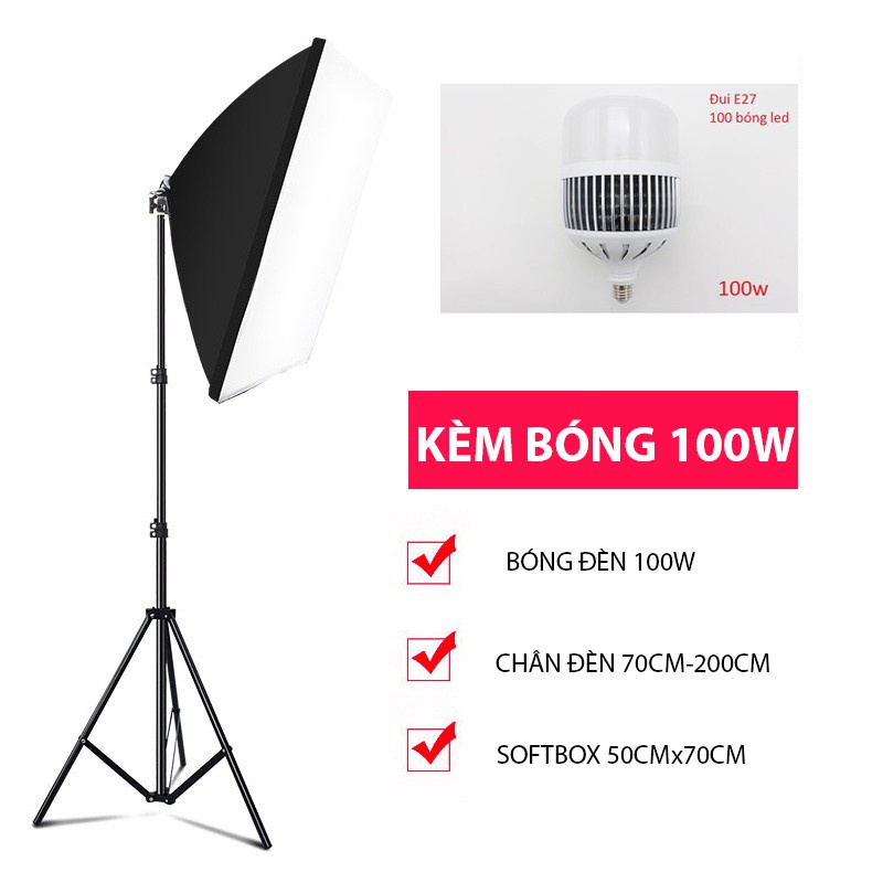 Bộ đèn studio chụp ảnh, quay phim,siêu sáng hỗ trợ Livestream chuyên nghiệp, cao 2m softbox 50x70cm - Fantek