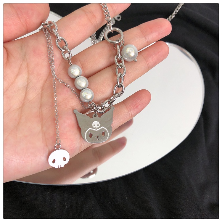 Vòng cổ Hình Mèo Phản Quang Đính Ngọc Trai Thời Trang Phong Cách hip hop Hàn Quốc