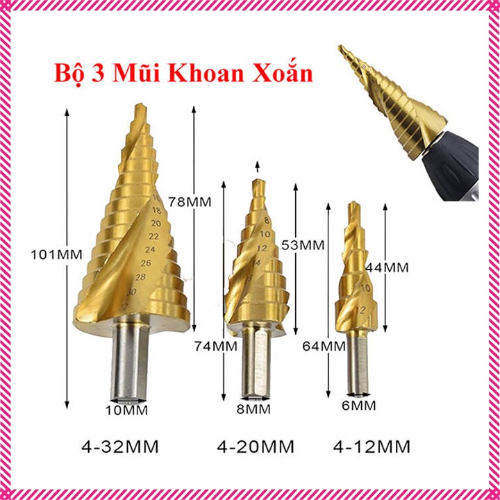 Bộ 3 mũi khoan tháp xoắn thép gió HSS phủ titan 4-32mm 4-20mm 4-12mm, Bộ mũi khoan tháp đa tầng, Bộ 3 mũi khoan bước