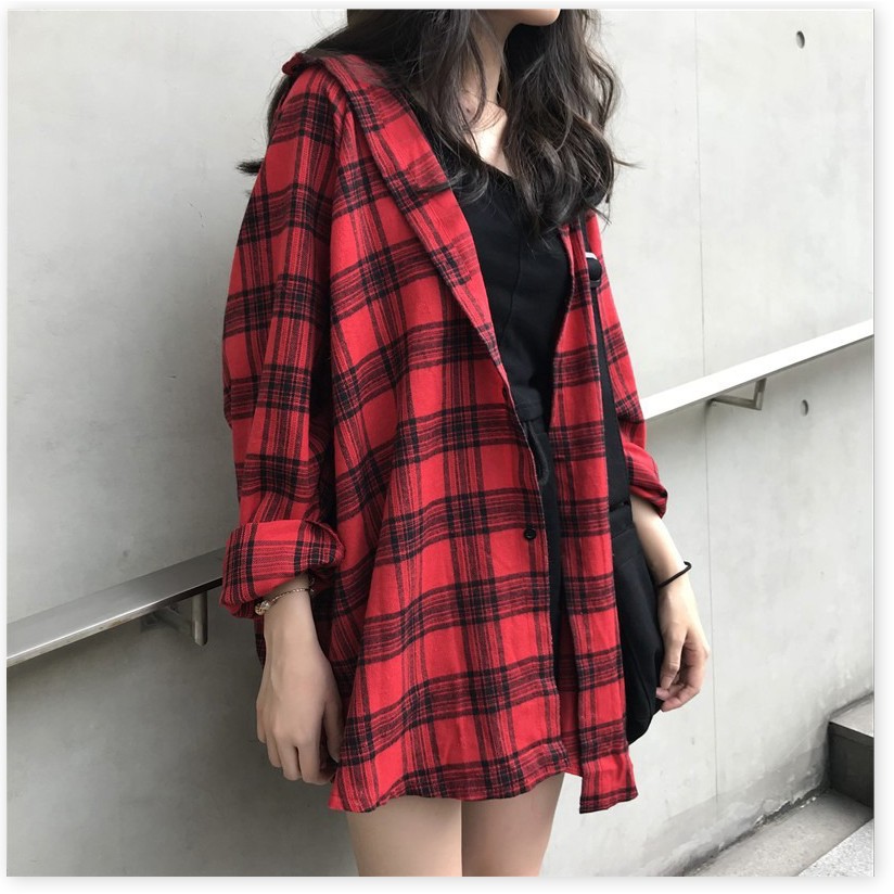 Áo khoác sơ mi caro nam nữ cực đẹp ( không nón ) UNISEX from rộng dài,chất kate thoáng mát | BigBuy360 - bigbuy360.vn