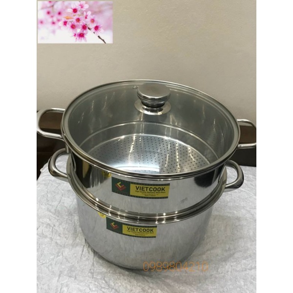 Bộ nồi xửng hấp inox  2 tầng nắp kính và nắp inox đun bếp  từ Vietcook size 24,26,28,30,32 ,Xửng chõ hấp bánh đồ xôi