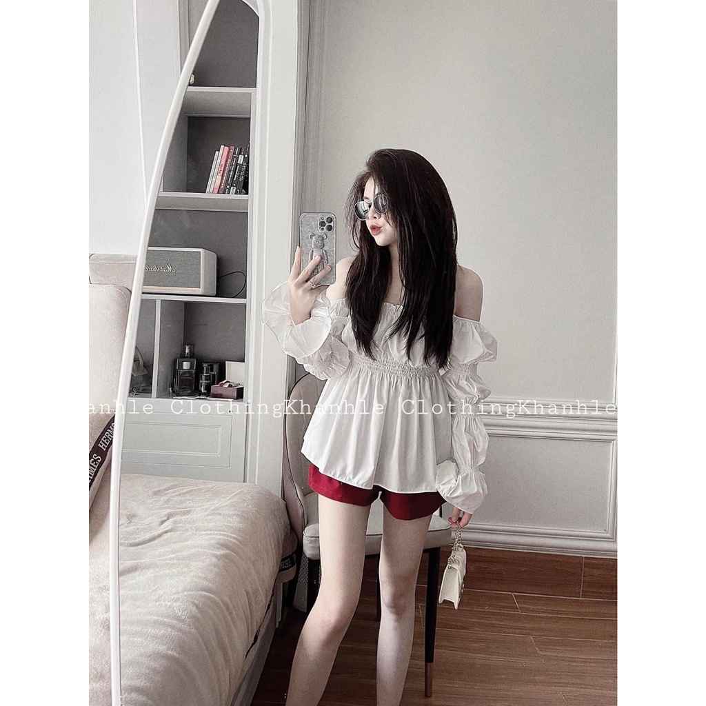 Set sơ mi nhún eo trễ vai tay bồng tầng mix quần short đùi