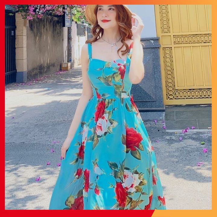 Váy maxi hoa 2 dây hở lưng ⚡𝗙𝗥𝗘𝗘 𝗦𝗛𝗜𝗣⚡ Maxi dáng xoè phối đuôi cá tầng cách điệu, bo chun eo giãn tốt, hàng QC cao cấp | BigBuy360 - bigbuy360.vn