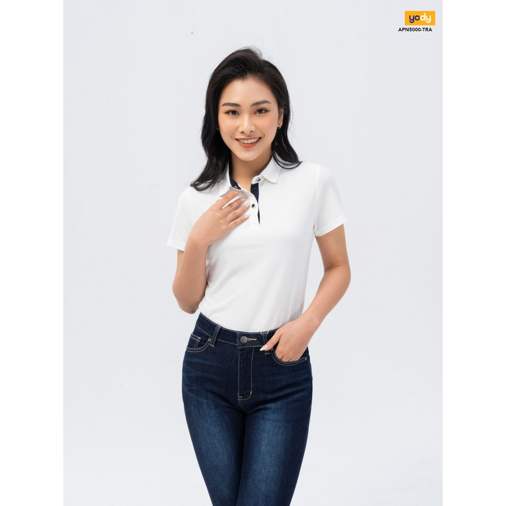 Áo polo nữ YODY có cổ tay ngắn phối nẹp dáng basic - APN5000