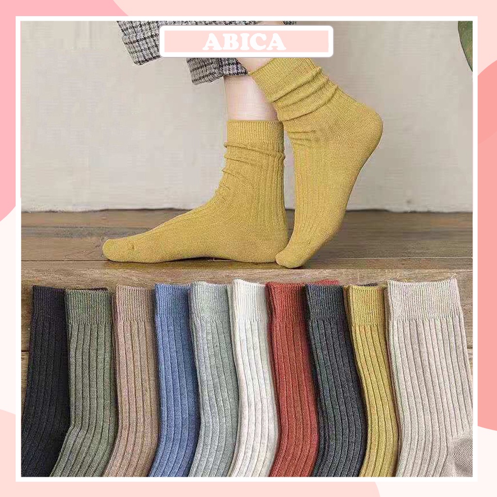 Tất vớ nữ nam cổ cao nhún màu trơn chất len tăm cao cấp siêu mềm thoáng khí phong cách Ulzzang Hàn Quốc ABICA TD038