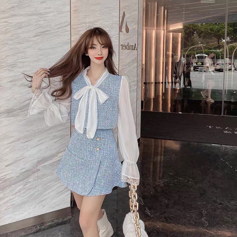 SET DẠ BỐ XANH PHỐI TAY VOAN THẮT NƠ + CHÂN VÁY ĐUÔI CÁ