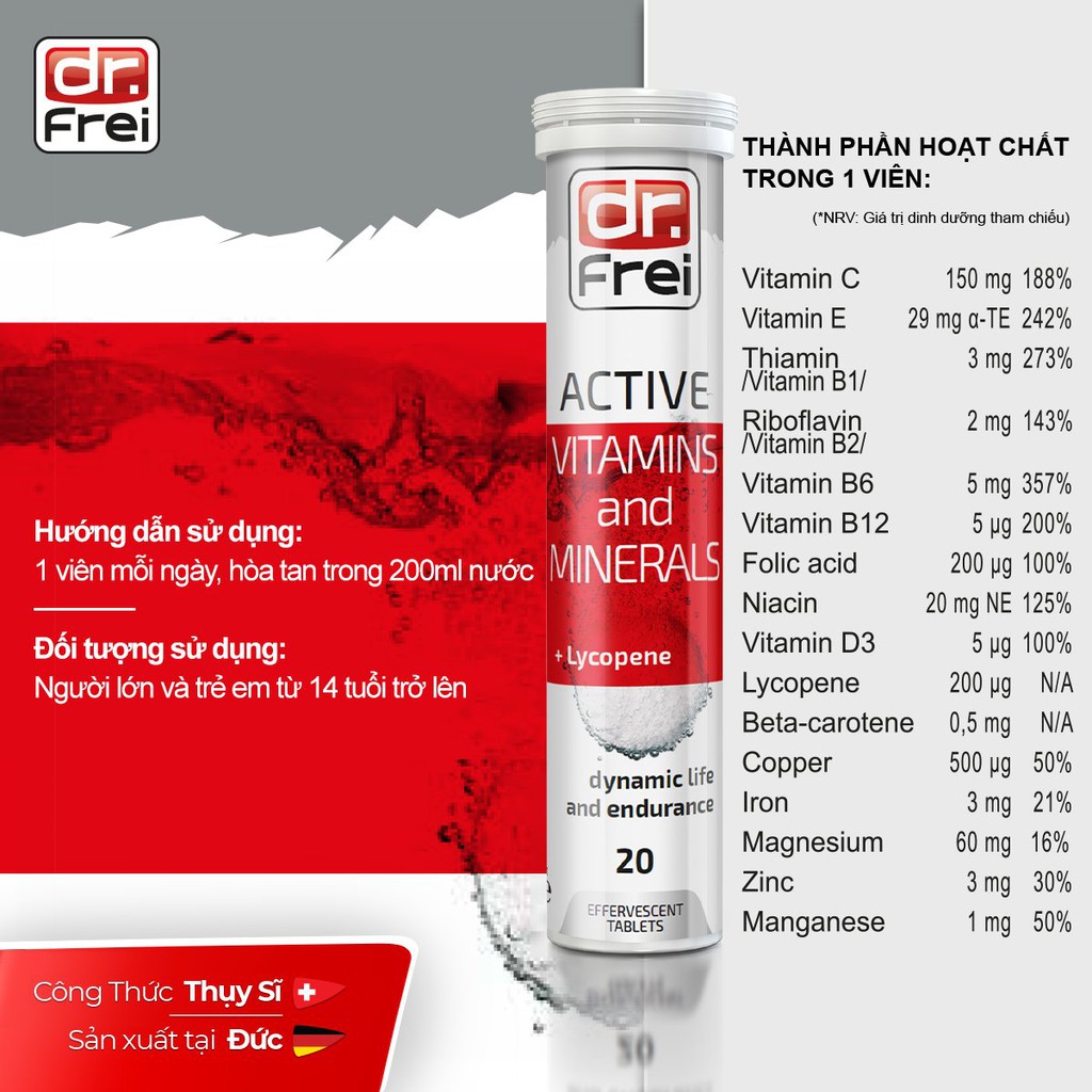 Viên Sủi Cung cấp năng lượng Dr. Frei Active Vitamins and Minerals + Lycopene (20 Viên)