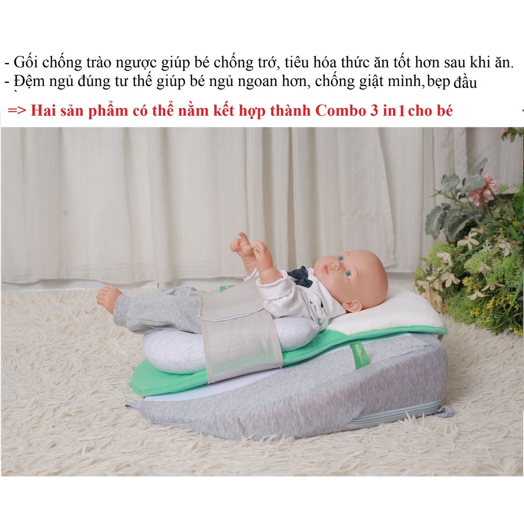 Combo 3 in 1:Gối chống trào ngược 15 độ, đệm ngủ đúng tư thế & Gối chống bẹp đầu cao su non cho bé Babylux