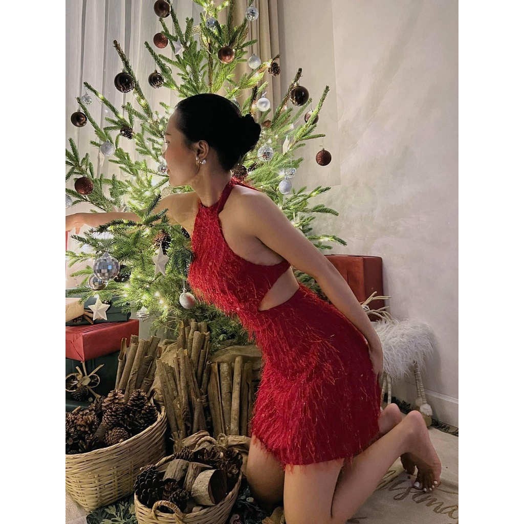 [LO02] Đầm Tua Rua Cổ Yếm Thắt Nơ Khoét Eo Hở Lưng - Vải Lông Bông Tuyết - 3 Màu Đen, Đỏ, Trắng - Cho Nàng Đi Tiệc | BigBuy360 - bigbuy360.vn