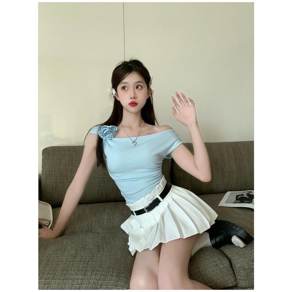 Áo Croptop Dệt Kim Trễ Vai Màu Trơn Dáng Ôm Thời Trang Mùa Hè Xinh Xắn Cho Nữ