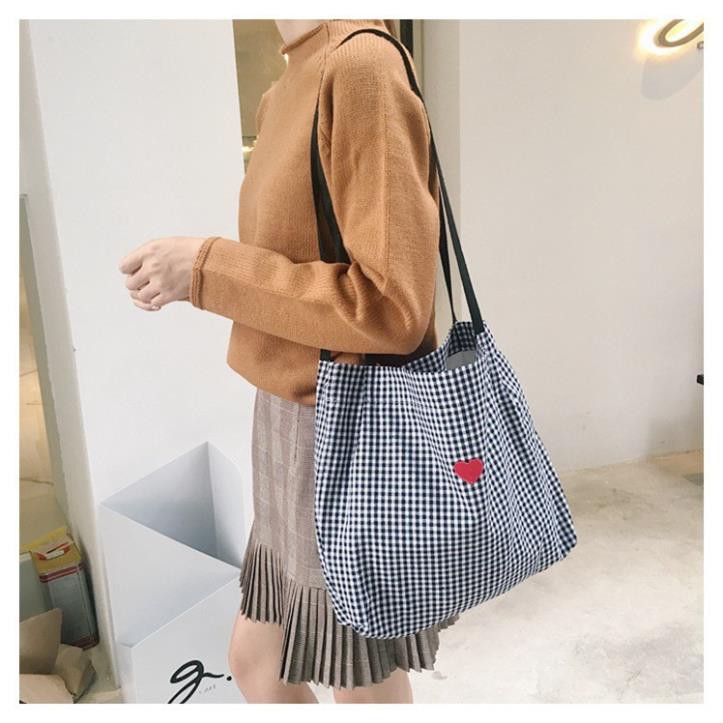 Túi Vải Túi Tote Canvas Retro Sọc Caro Thêu Hình Hàn Quốc Túi Vải Canvas Đựng Đồ Shopping Mùa Hè