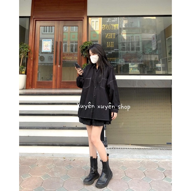 Áo sơ mi oversize viền chỉ nổi phong cách Hàn Quốc