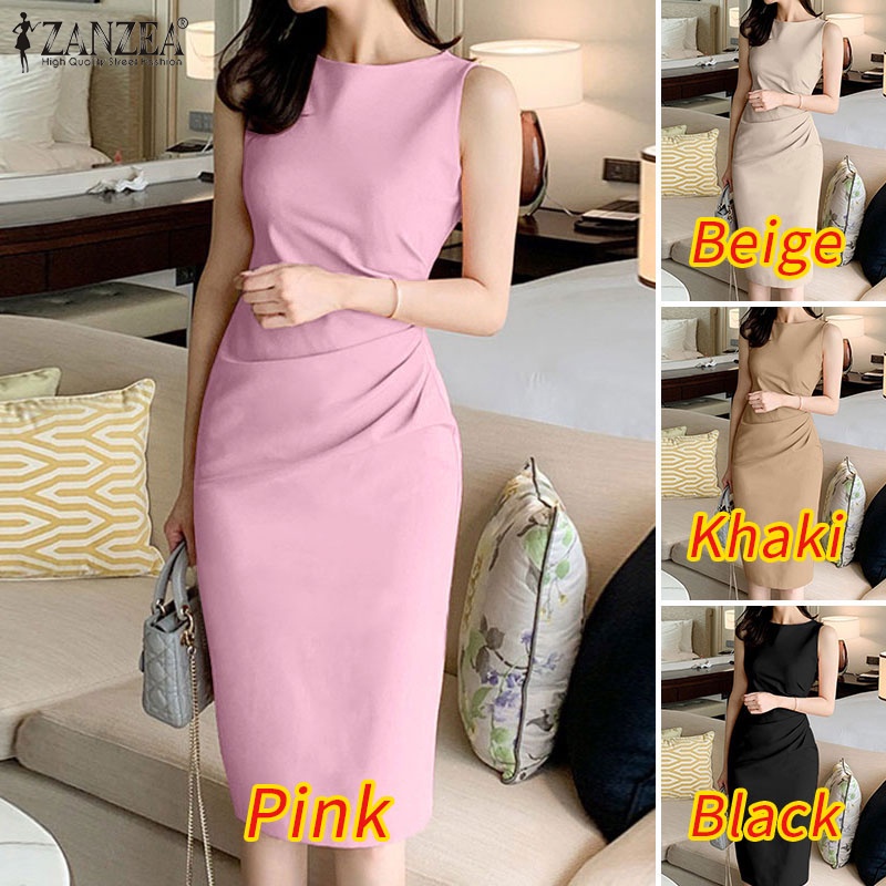 Đầm midi ZANZEA không tay cổ tròn có khóa kéo sau lưng thời trang dành cho nữ