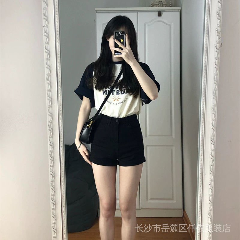 Contrast color printing design sense niche short-sleeved T-shirt women's summer ins fashion brand student loose Hong Kong flavor chic top