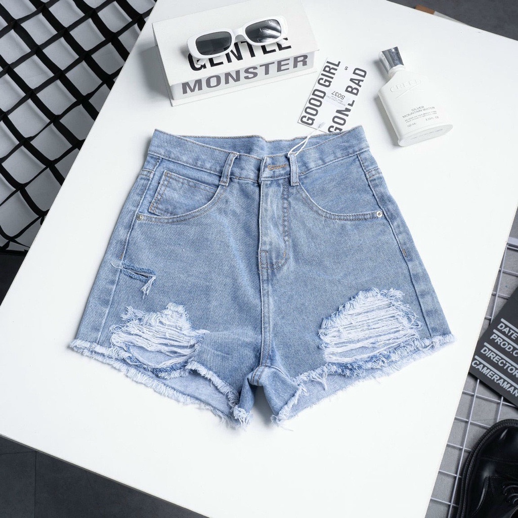 Quần short jean nữ lưng cao rách gối, chất jean denim không co giãn mịn đẹp William - AT211