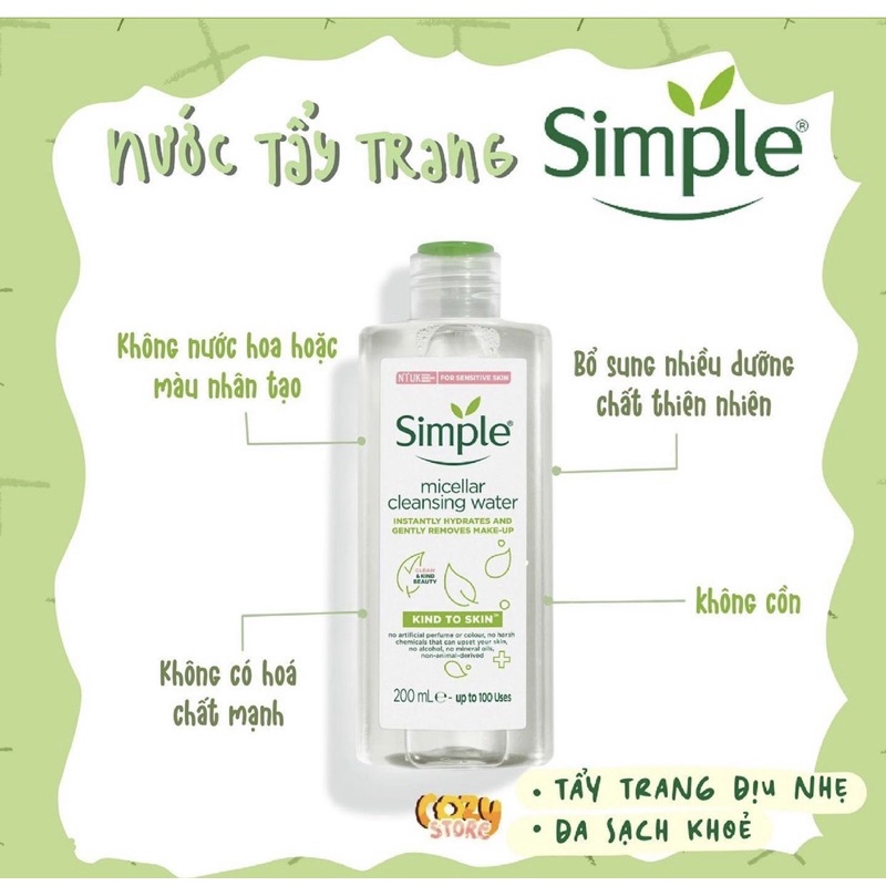 Nước tẩy trang simple Kind To Skin Micellar Cleansing Water 200ml Cozy Store SP000943