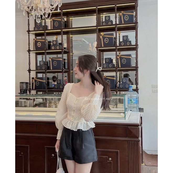 SET ÁO PEPLUM BI NỔI XỐP KEM + QUẦN SHORT ĐEN