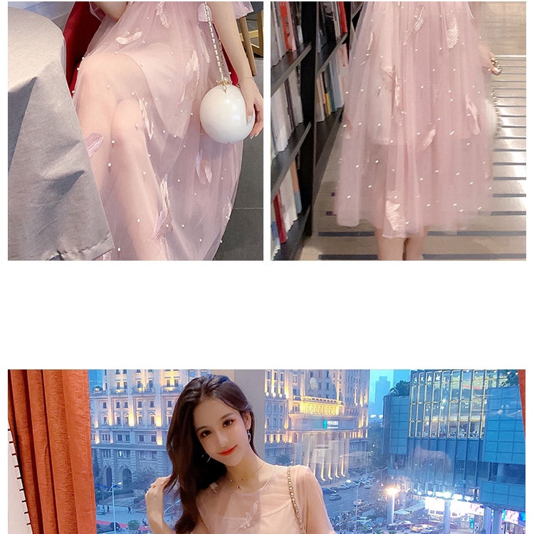 Đầm lưới hai mảnh thêu họa tiết lông vũ xinh xắn dành cho nữ